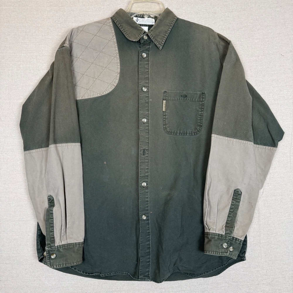 Columbia Shooting Shirt Mens L Green Canvas Quilted Patch Hunting Workwear Gorp